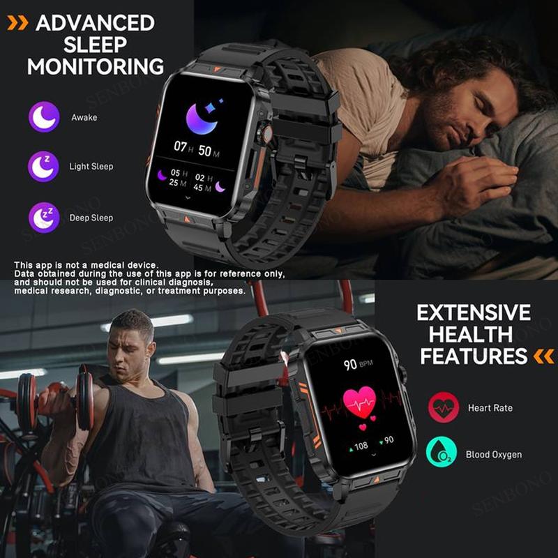 Senbono - đồng hồ thông minh nam 2024, 1,95 inch, Bluetooth , cuộc gọi, IP68, không thấm nước, thể thao, theo dõi sức khỏe 2