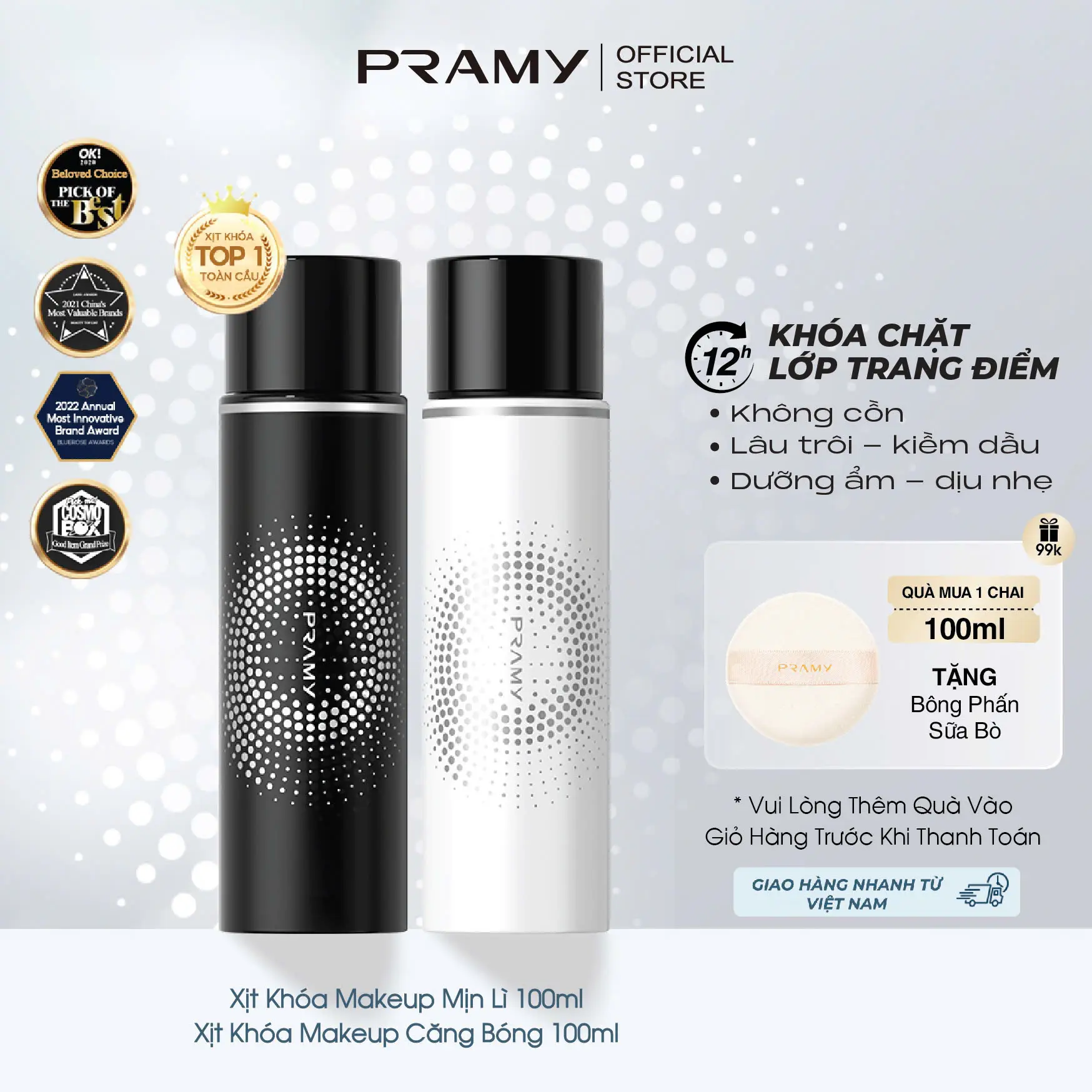 PRAMY Xịt Khoá Nền Trang Điểm Dưỡng Ẩm Kiềm Dầu, Lâu Trôi Không Chứa Cồn 100ml