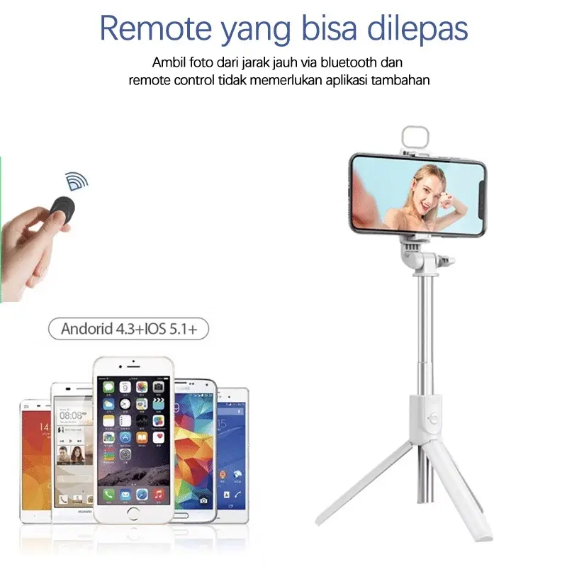 SUPERMARKET IMPORT Tongsis HP Multifungsi R1S Bluetooth Remote LED Konten Kreator Tripod Bluetooth 360 Derajat Stabilizer Tripod Handphone Live Streaming Anti Goyang Selfie Stick Lampu LED Bluetooth 8