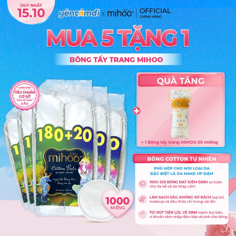 Combo 5 Túi Bông Tẩy Trang Mihoo 200 Miếng/Bịch Cotton Pads Thấm Hút Tốt Không Để Lại Xơ Bông