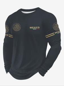 Camiseta de hombre con estampado 3D de manga larga, transpirable y cómoda, deportiva casual con patrón mexicano, top corto ajustado, para todas las estaciones