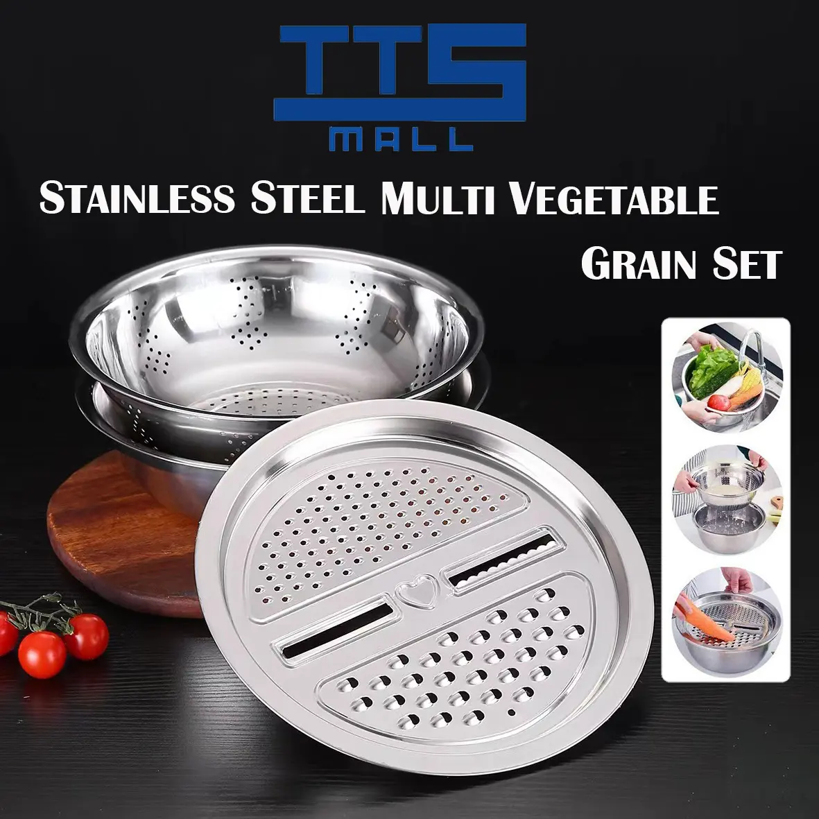 3 in 1 Multifunctional Stainless Steel Basin Vegetable Cutter Grater and Strainer Colander Silver Kitchenware