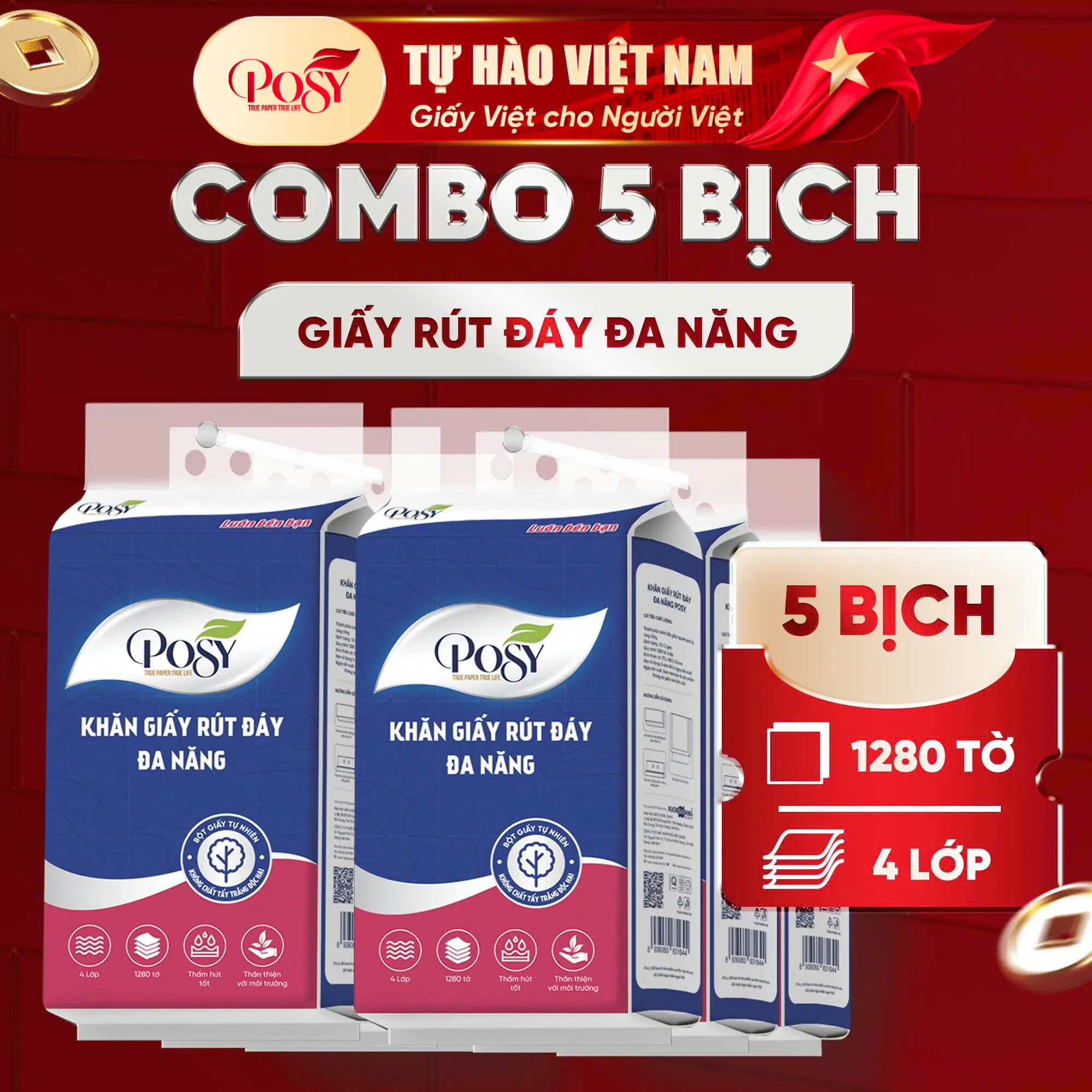 POSY [DEAL 3+2] Nhận ngay 5 bịch khăn Giấy Đa Năng Size TO,Khổ Lớn (176X180mm), Treo Tường Rút Đáy 1280 Tờ 4 Lớp,320 Lượt Rút An Toàn Lành Tính,Mềm Mịn Thấm Hút Tốt Thân Thiện Với Môi Trường