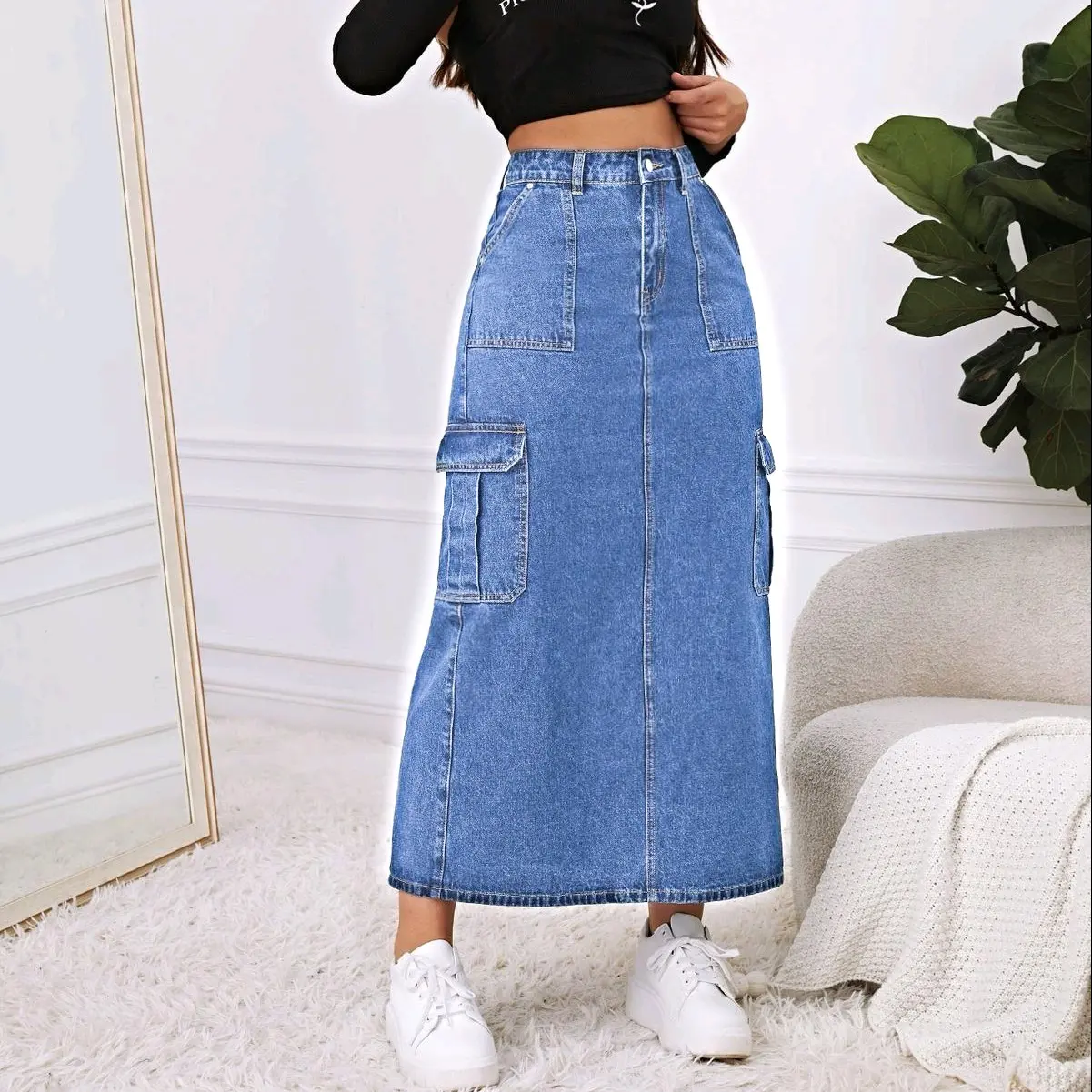 Rok Jeans Cargo Panjang Skirt Wanita Washing Snow Terbaru Denim Bawahan Nyaman Biru