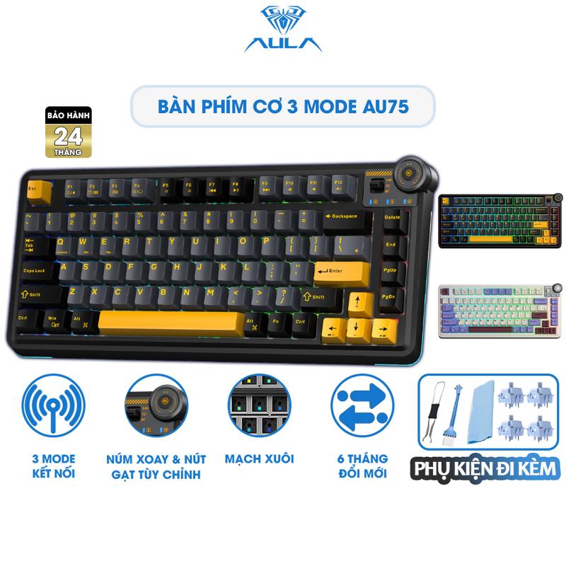 Bàn Phím Cơ Không Dây Núm Xoay AULA AU75 Gaming Hotswap 5 Pin 3 Mode Kết Nối Bluetooth Led Viền RGB