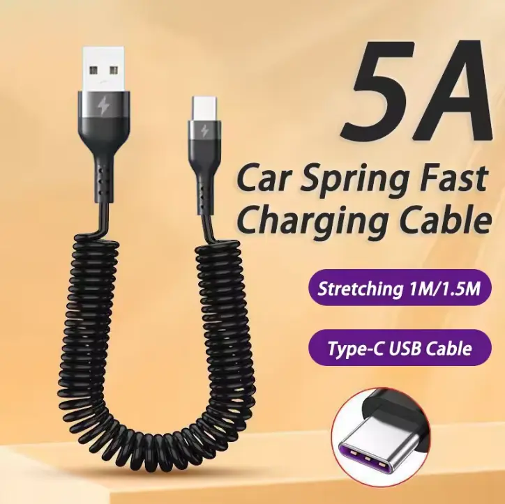 66W 5A USB Type C Spring Car Fast Charging Cable For Xiaomi Redmi Huawei Type C To Type C Data Cord For iPhone 15 Usb c Cable
