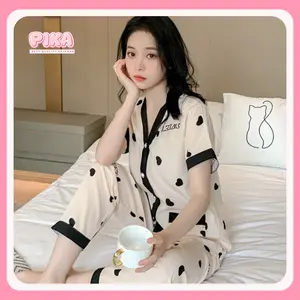 PIKA Piyama Baju Tidur Set Wanita Dewasa Set Pakaian Setelan Lengan Pendek Celana Panjang Bahan Satin Milksilk Lembut High Quality Motif Simpel Kasual Mewah Cocok untuk Harian Staycation PY009 PY016 PY028