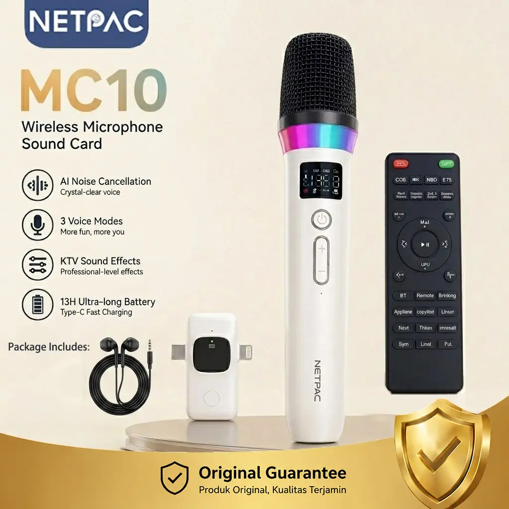 NETPAC MC10 Mikrofon Nirkabel Dinamis AI Peredam Bising Bluetooth 5.0 Daya Tahan 13 Jam Efek Suara Berubah Mikrofon Live Streaming Karaoke Multi-Interface