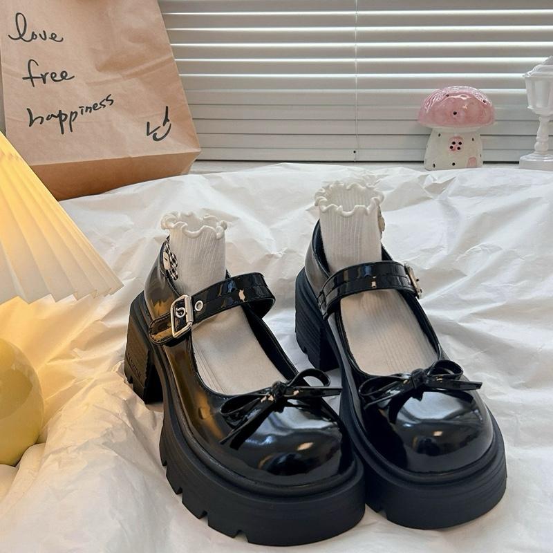 Giày Lolita Nữ Đế Cao 4-5cm Quai Cài Da Bóng Gắn Nơ Mới (FORM TO CHÂN GẦY MỎNG ĐẶT LÙI 1SZ)