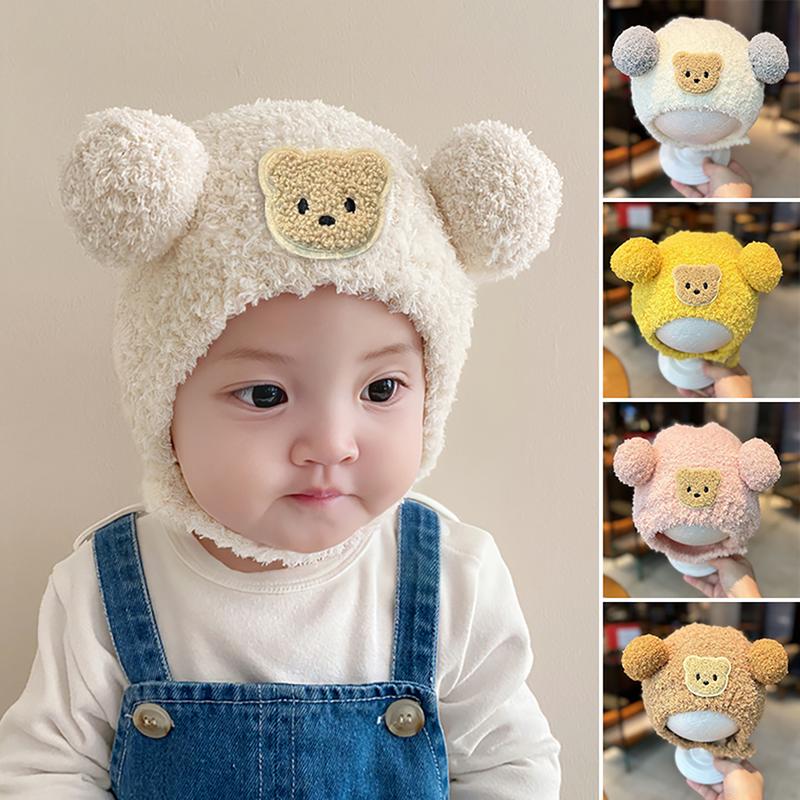 Mũ Len Trẻ Em Bé Nhồi Bông Thiết Kế Hình Gấu Dễ Thương, Dày Và Ấm, Thích Hợp Cho Mùa Đông, Cho Bé Trai Và Bé Gái Trẻ Sơ Sinh, Mũ Dệt Kim, Mũ Bảo Vệ Tai Chống Gió Cho Trẻ Mới Biết Đi, Kiểu Nắp Ca-Pô