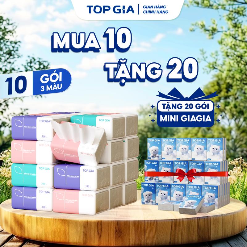 MUA 10 TẶNG 20 GÓI MINI Thùng 10 gói giấy 3 màu TOPGIA chính hãng - Khăn giấy tiện lợi 4 lớp - giấy rút cao cấp Đạt Chuẩn Bộ Công Thương Top Gia HCM F0100