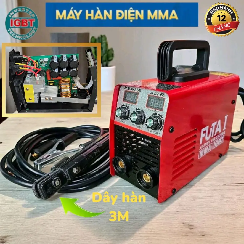 Máy hàn điện tử FUTA 250, chuyên que 1.6-2.5mm , dây hàn 3M , 6 tụ nguồn,   hàn chấm bon liên tục 5-10 que 3.2mm đổ lại , bảo hành 12 tháng