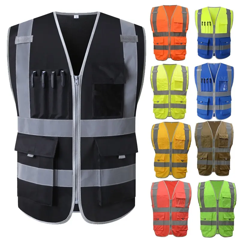 [Cadia]High Visibility Reflective Vest Safety Work Vest Construction Building Vest Safety Clothing Multi Pocket Black WorkVest