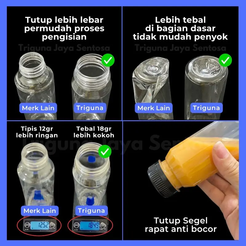 Botol Kale Tebal 46gr Tutup Segel Rapat Botol Plastik Kopi jus 250ml 500ml 1000ml Trifinity Pack JSP