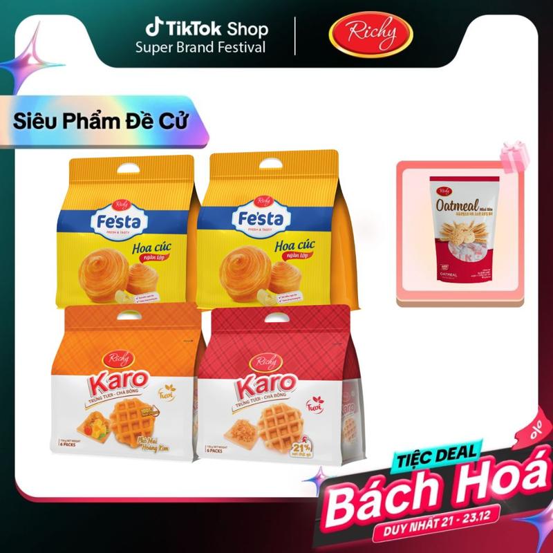  TẶNG YẾN MẠCH  Combo 4 bánh mì tươi chà bông sợi gà Karo và bánh mì hoa cúc ngàn lớp Richy - Ăn Vặt - Snack bánh  keo 