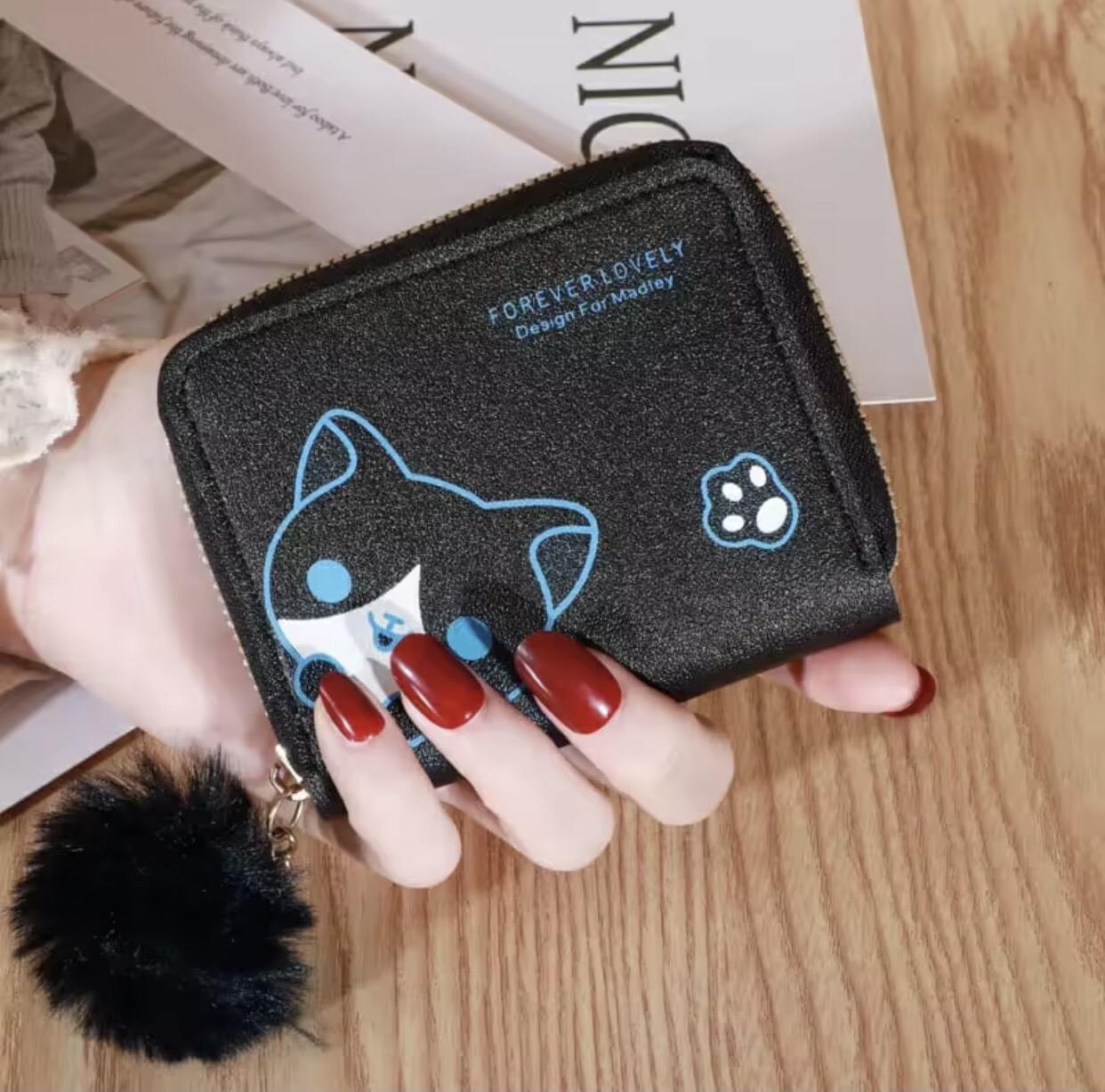 dompet wanita kecil/dompet lucu/dompet miow/dompet pompom/dompet pendek wanita Kulit Hitam