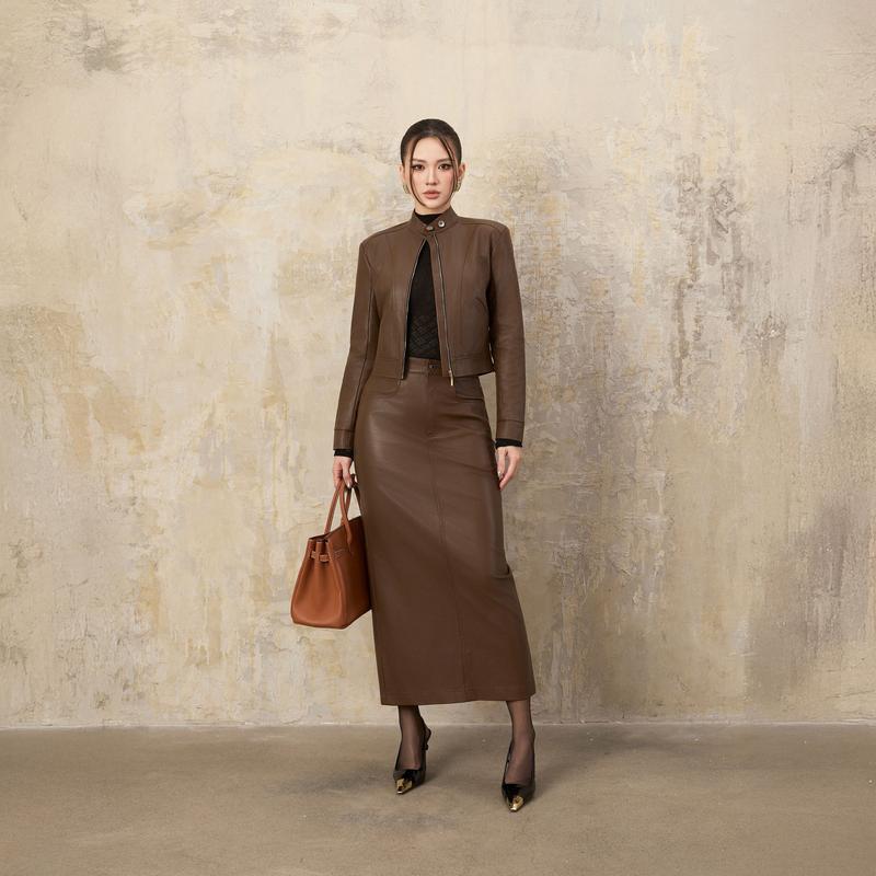   BUSY  Chân Váy Da Nữ Dáng Dài BUSY Chất Liệu Da PU Cao Cấp Cạp Khóa Xẻ Sau CVD2 Women 