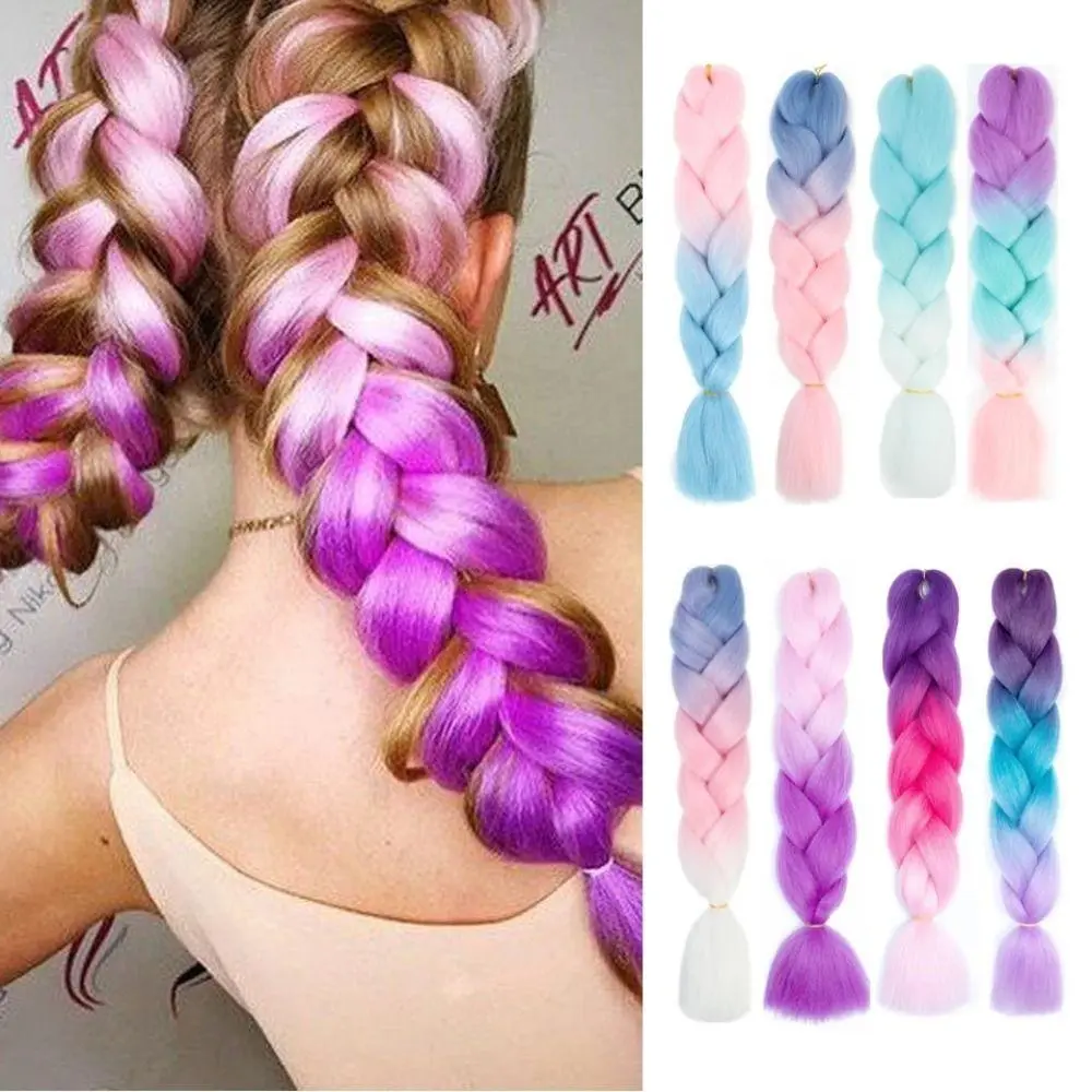 Jalinan Jumbo, Bahan Sintetik, 24 Inci, Merah Jambu, Ungu, Kelabu, Potongan Rambut Sambungan Jalinan, Tahan Panas, Sesuai untuk Wanita, Jalinan Rambut DIY, Untuk Wanita