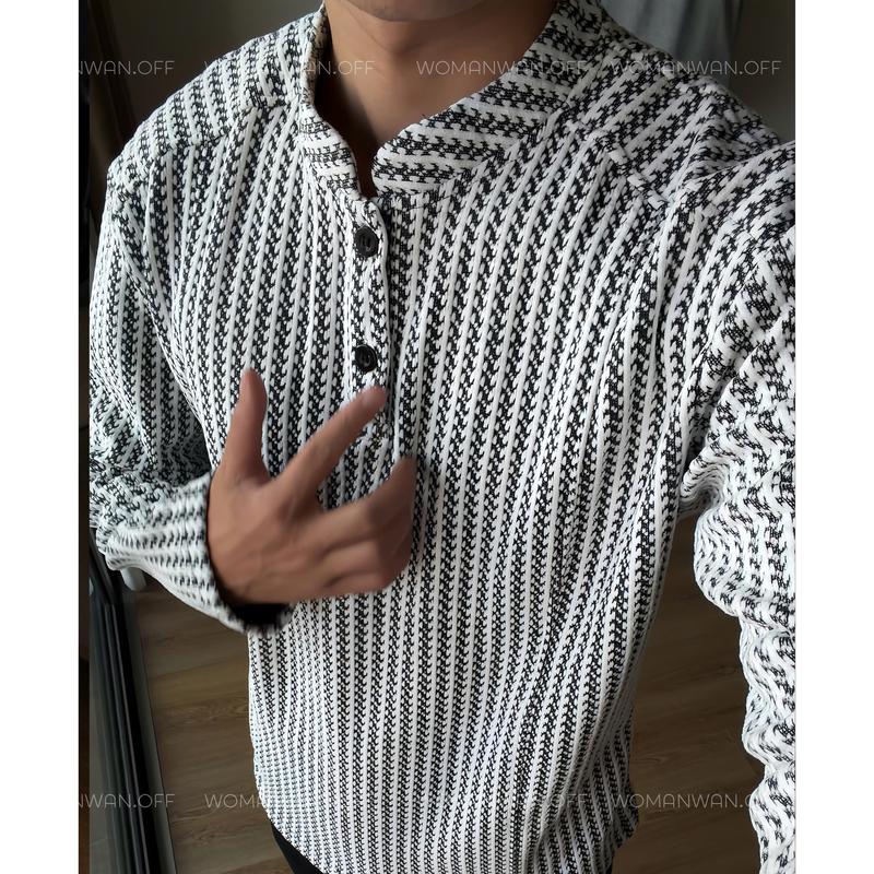 CỔ TRỤ 2 KHUY Áo Len Dệt Kim Dài Tay Nam – WOMAN WAN Họa Tiết Xương Cá Đen Trắng Form Relaxed Fit Chất Dày Dặn