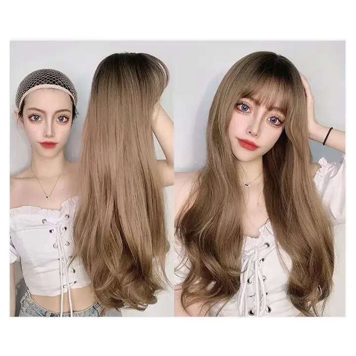 Beautiful work wig, as shown in the picture. 55cm long curly wig, free mesh wig, long hair with bangs, wholesale women's long hair wig from Thailand