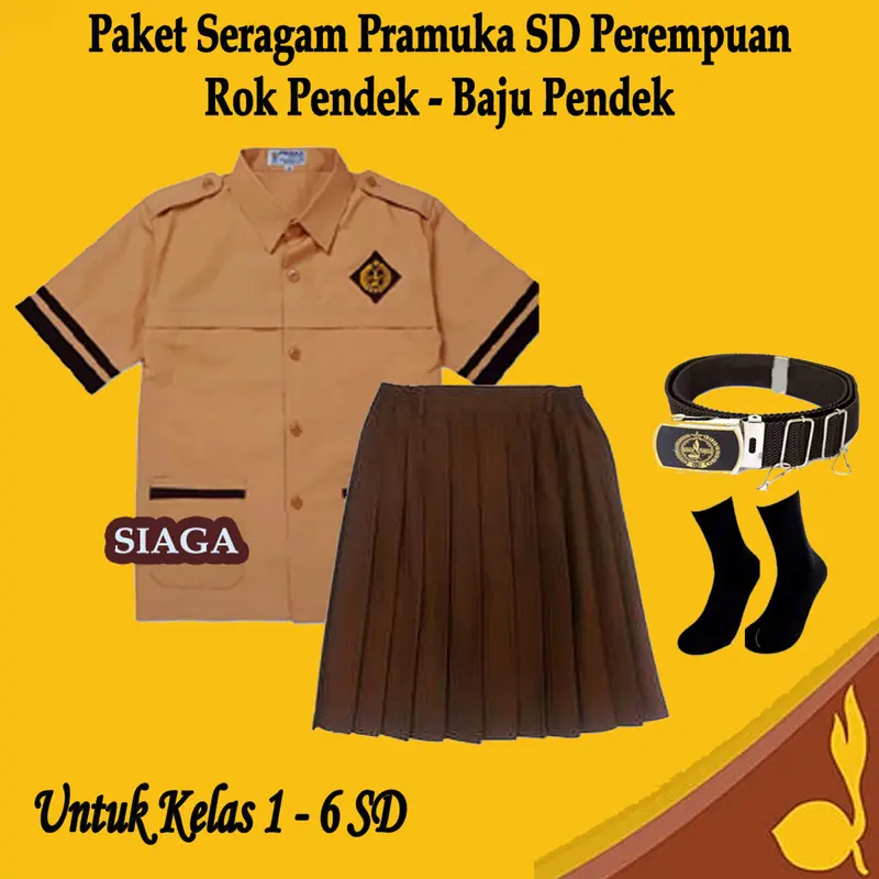 Setelan Seragam Sekolah Pramuka Siaga Perempuan Baju Pendek List dan Rok Pendek Paket Lengkap Kelas 1-6 SD Anak 3