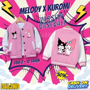 JAKET VARSITY BASEBALL KUROMI X MELODY ANAK USIA 2-12 TAHUN BAHAN PREMIUM FLEECE TEBAL LEMBUT DAN NYAMAN DIPAKAI SI ANAK ,FASHION MENARIK Perempuan