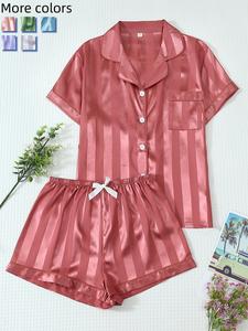 Conjunto de pijama de satín para mujer de 2 piezas, top corto con cuello a rayas y bolsillos, shorts con lazo, ropa casual para casa, estilo ajustado