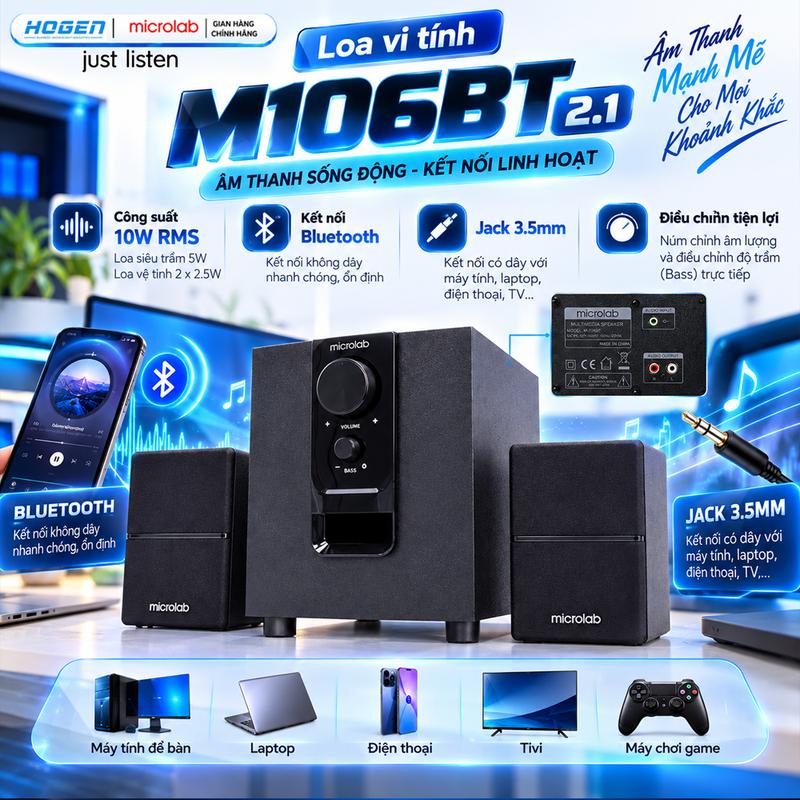 Loa Máy Tính Bluetooth Microlab M106BT 2.1 | BLUETOOTH 4.0 KẾT NỐI NHANH CHÓNG | Công Suất 10W CHO ÂM THANH CỰC SỐNG ĐỘNG | THIẾT KẾ HIỆN ĐẠI, SANG TRỌNG, ĐẲNG CẤP