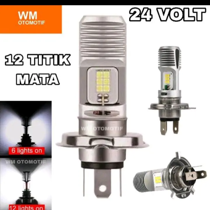 Lampu LED Utama Depan 24 Volt H4 Laser Gun G12A 12 Mata Titik High Low Putih D3 Truk Bus Fuso Canter Tronton Ragasa Traga Colt Container Wingbox Trailer Pick Up PnP BA20D Jauh Dekat Dim Hi Lo Kaki Tiga Truck Bis Universal PnP Tembak Sorot Bohlam Mobil