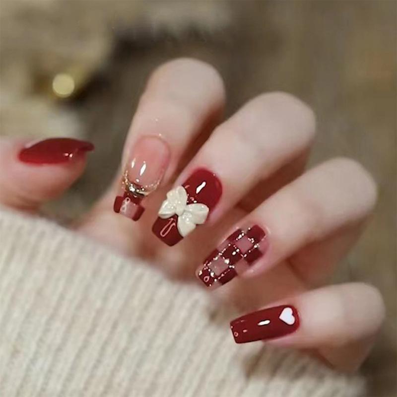Móng Tay Giả, Màu Đỏ Rượu Vang Vang Cổ Điển Với Đồ Trang Trí Hoa Trà Ba Chiều Và Paillette Đầy Màu Sắc Móng Tay Giả Không Phai Màu Cho Bé Gái, Đồ Trang Trí Tay Đính Hôn 6