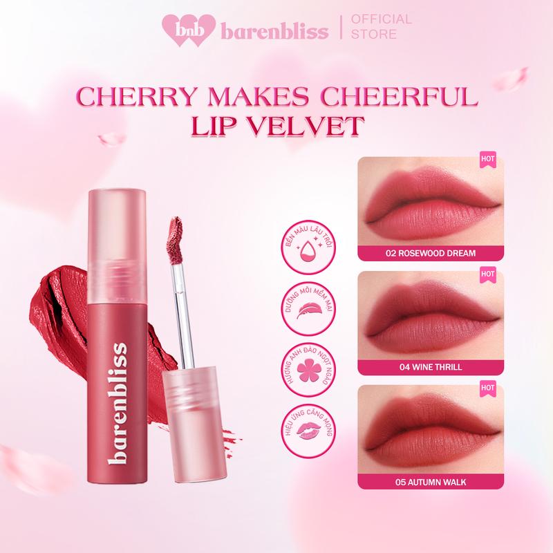 Son kem lì barenbliss Cherry Lip Velvet thuần chay chất mịn không khô môi mềm bền màu 24h 2.5g