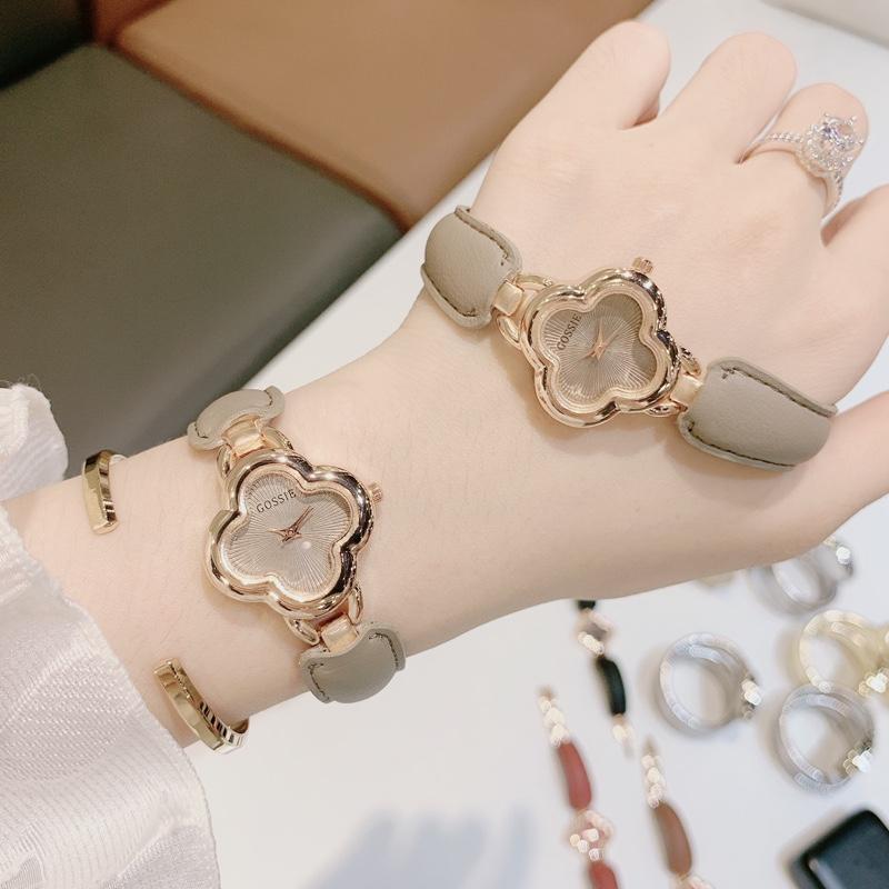 Đồng Hồ Nữ Gossie Còng Kim Loại Phối Da Cao Cấp Mặt Cỏ Xinh Xắn