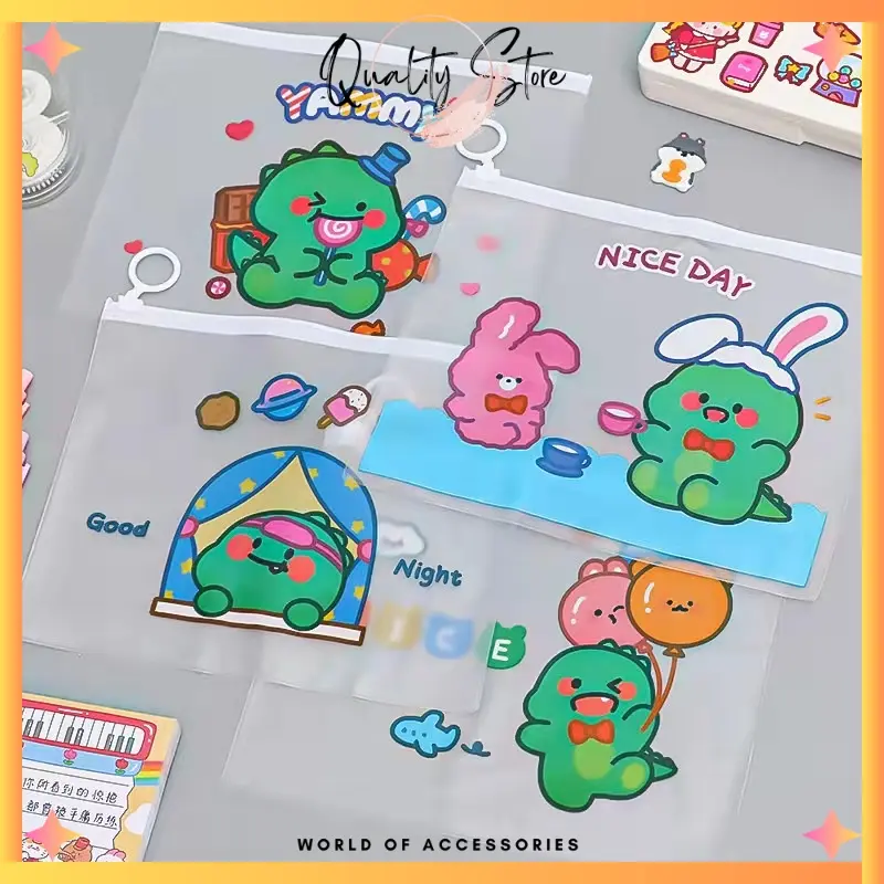 QS - TEMPAT PENSIL ZIPLOCK KOREA MOTIF DINO LUCU TRANSPARAN / KOTAK PENSIL ALAT TULIS DINO