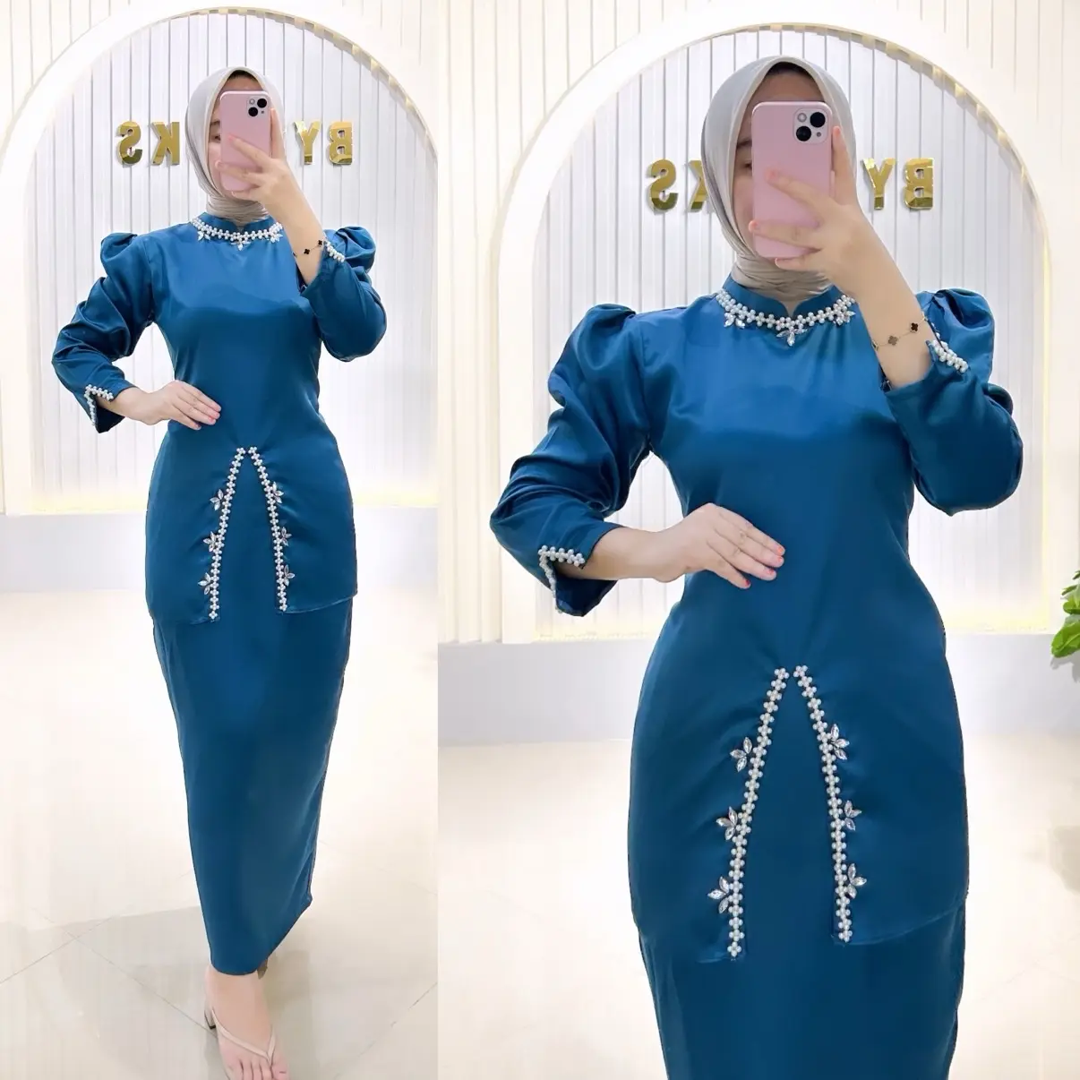 Set Lesti kurung melayu Outfit kondangan / pesta melayu Setelan Baju Muslim kurung Malaysia Wanita Panjang satin Kulot Celana