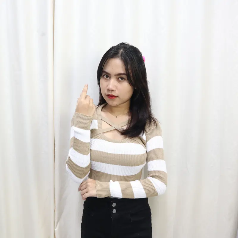 Atasan Salur Lengan Panjang Wanita Tshirt Stripe Knit Rajut Style Korea 3