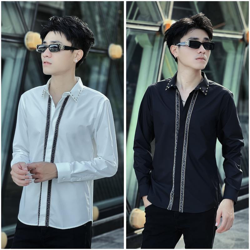 Áo sơ mi nam KATINO vải lụa thiết kế Phối Hoạ Tiết Da Báo Đính Đá Luxury Cổ Chữ V Menswear Shirt