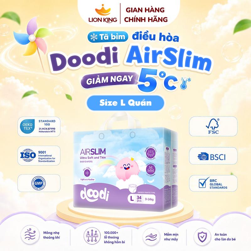 Tã bỉm điều hòa Doodi AirSlim bỉm quần siêu mỏng 1.58mm size L 9 đến 14kg 34 miếng