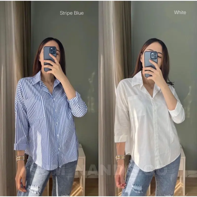 NANDO Kemeja garis garis salur biru polos putih kotak burbery bahan katun premium import 1902