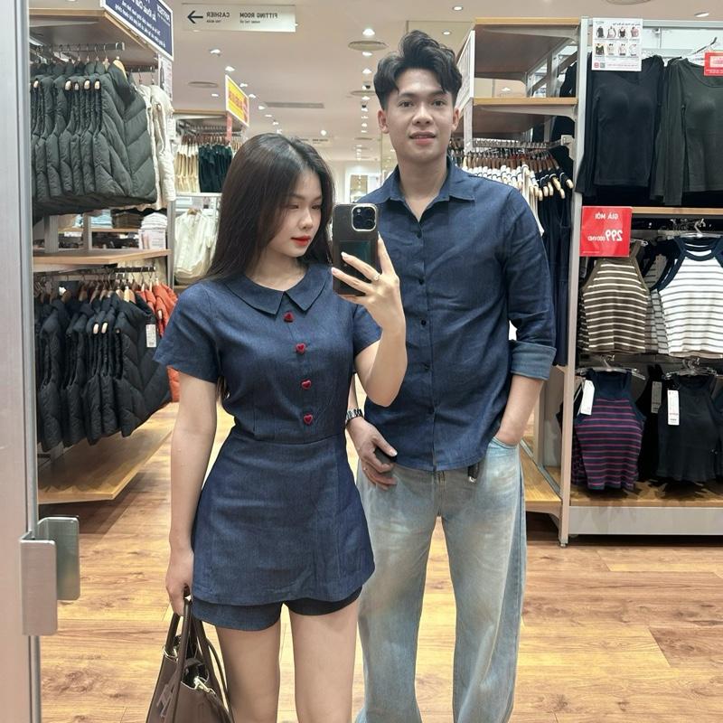    S - 75   Set đồ đôi nam nữ couple bộ jum nữ đính cúc nhung và áo sơmi nam dài tay chất bò mềm  đồ đôi mặc đi chơi với người yêu đồ đôi mặc đi du lịch cặp 