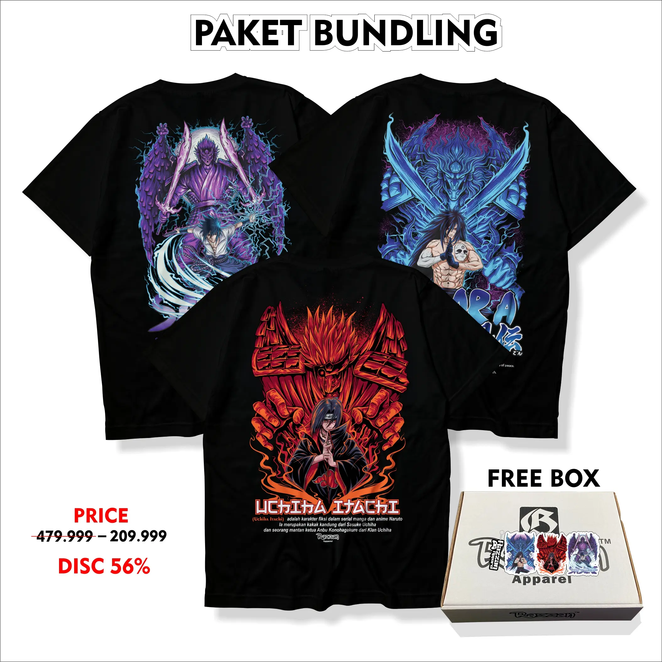 Promo bundling 3 kaos uchiha itachi madara sasuke