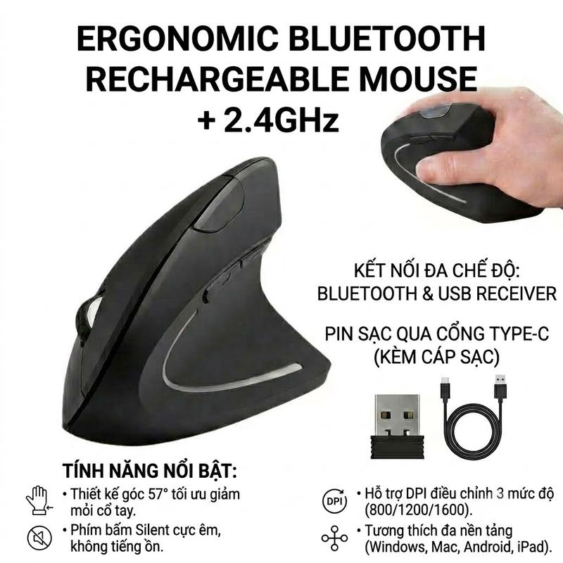 Chuột Không Dây Công Thái Học Bluetooth & 2.4G TRUNG HIEU HN - Pin Sạc Cao Cấp, Độ Nhạy 3200 DPI Chống Mỏi Cổ Tay