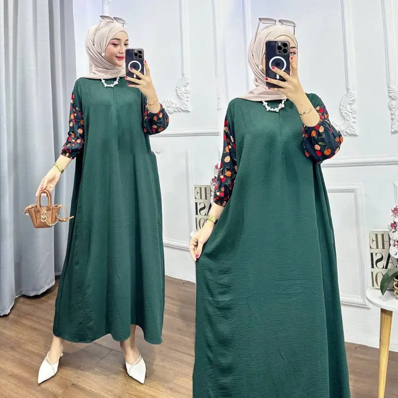 GAMIS KOMBINASI RAYON BUSUI FRIENDLY JUMBO SIZE LD120 Bunga Muslim Dress Nyaman Panjang Crinkle Garis • simpel Airflow Midi Ruffle Kotak 2