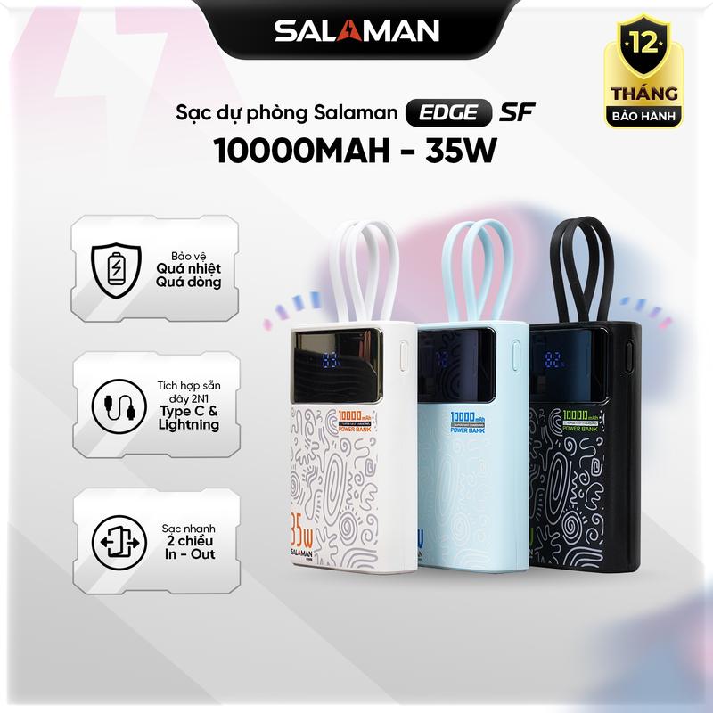 New Arrival Sạc Dự Phòng Salaman Tattoo 10000mAh 35W – Sạc Nhanh PD QC Tích Hợp 2 Cáp Type C + Lightning Màn Hình LED Sạc In Out Vỏ Mạ Điện Chống Trầy BH 12 Tháng