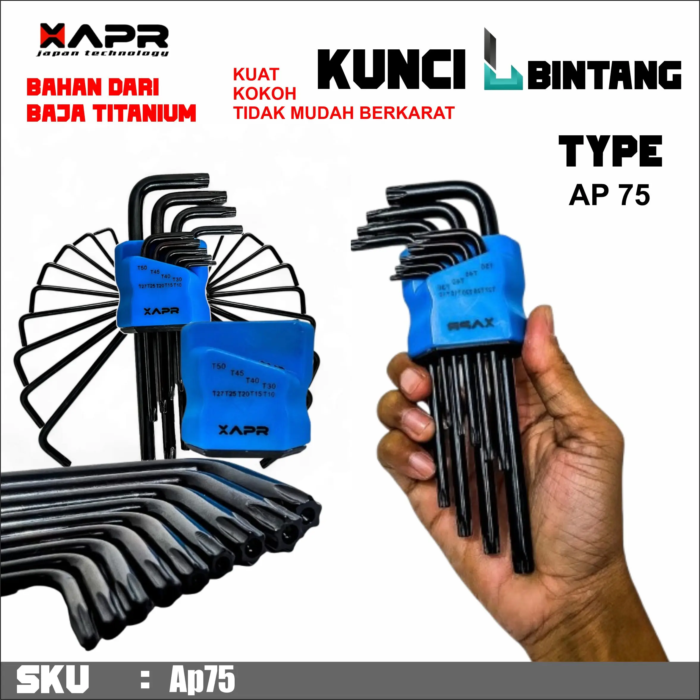 APR JAPAN AP75 Kunci L Bintang 9PC Ball Joint Crome Baja Titanium