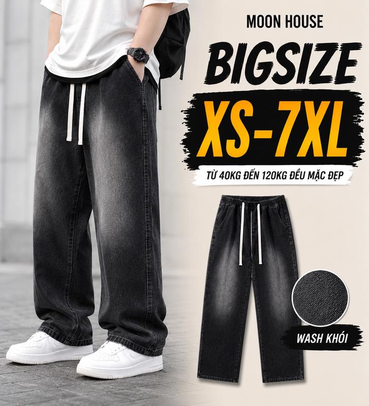 Quần jean bigsize ống rộng nam nữ cạp chun MOON HOUSE mã 09 WASH KHÓI có túi,…