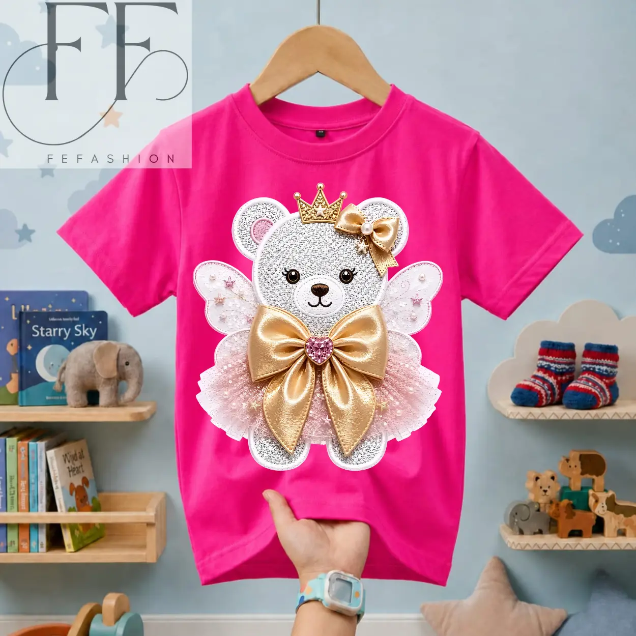 Kaos Anak Boneka Pita Manik Manik Pink Usia 2-16Tahun