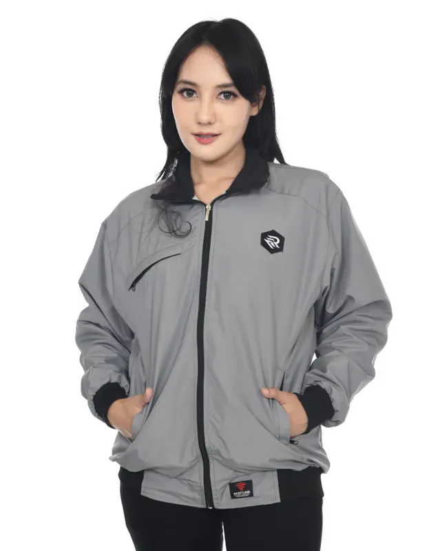 Jaket Parasut Pria Wanita Waterproof Windbreaker Casual Bomber Original Branded Lokal Distro Bandung Motif Logo Bordir Cowok Cewek Keren Abu Red Flags 0