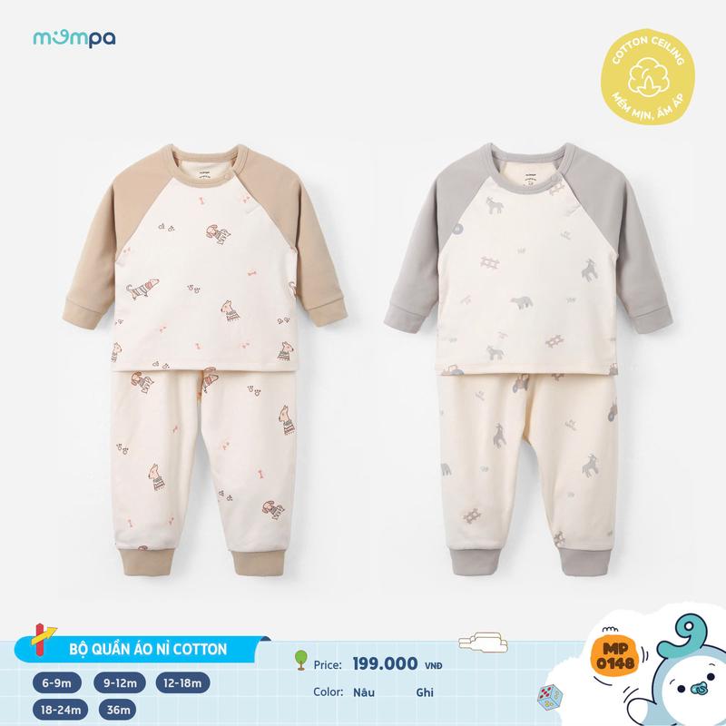 Bộ quần áo dài tay cho bé Mompa 6 tháng đến 3 tuổi vải Cotton mềm mại co giãn MP 0148 M25 DQ