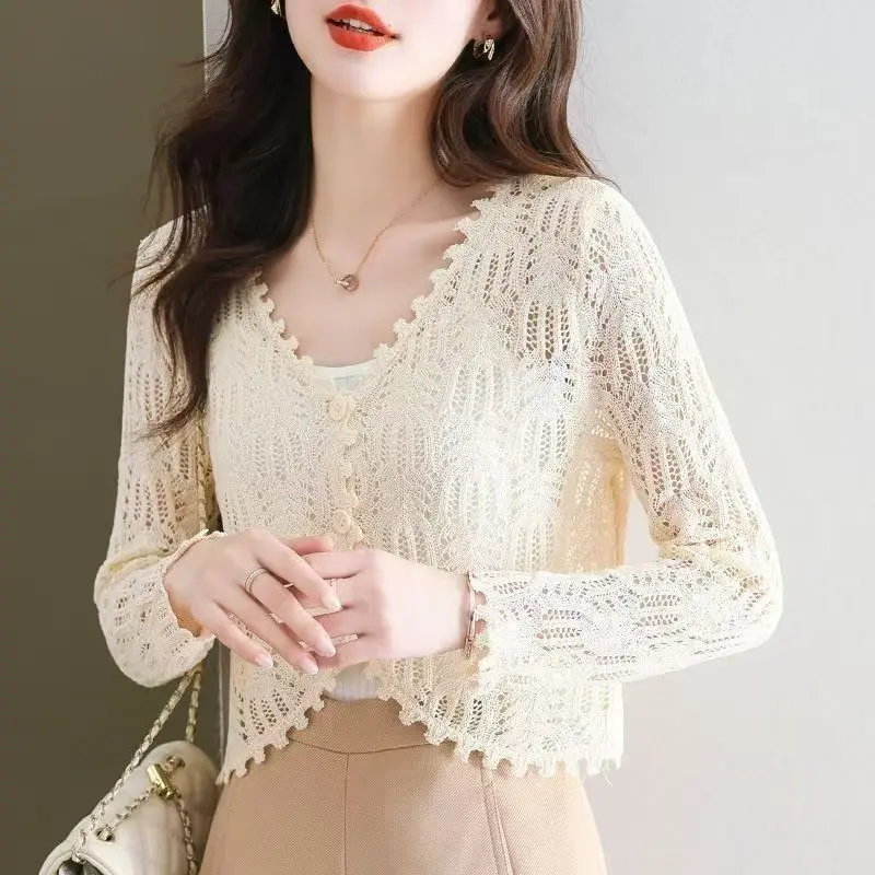 áo cardigan,áo lưới nữ form rộng,áo sweater,áo cardigan,áo sweater sw,áo lưới nữ sang chảnh,knitted blouse,Áo Choàng Dệt Kim Mỏng, OOTD-Thoáng Mát Mùa Hè, Áo Khoác Chống Nắng Ngắn Tay Cho Nữ, Phong Cách Phương Tây Mới, Áo Cardigan Khoét Lỗ Đan, Quần Áo Nữ 2