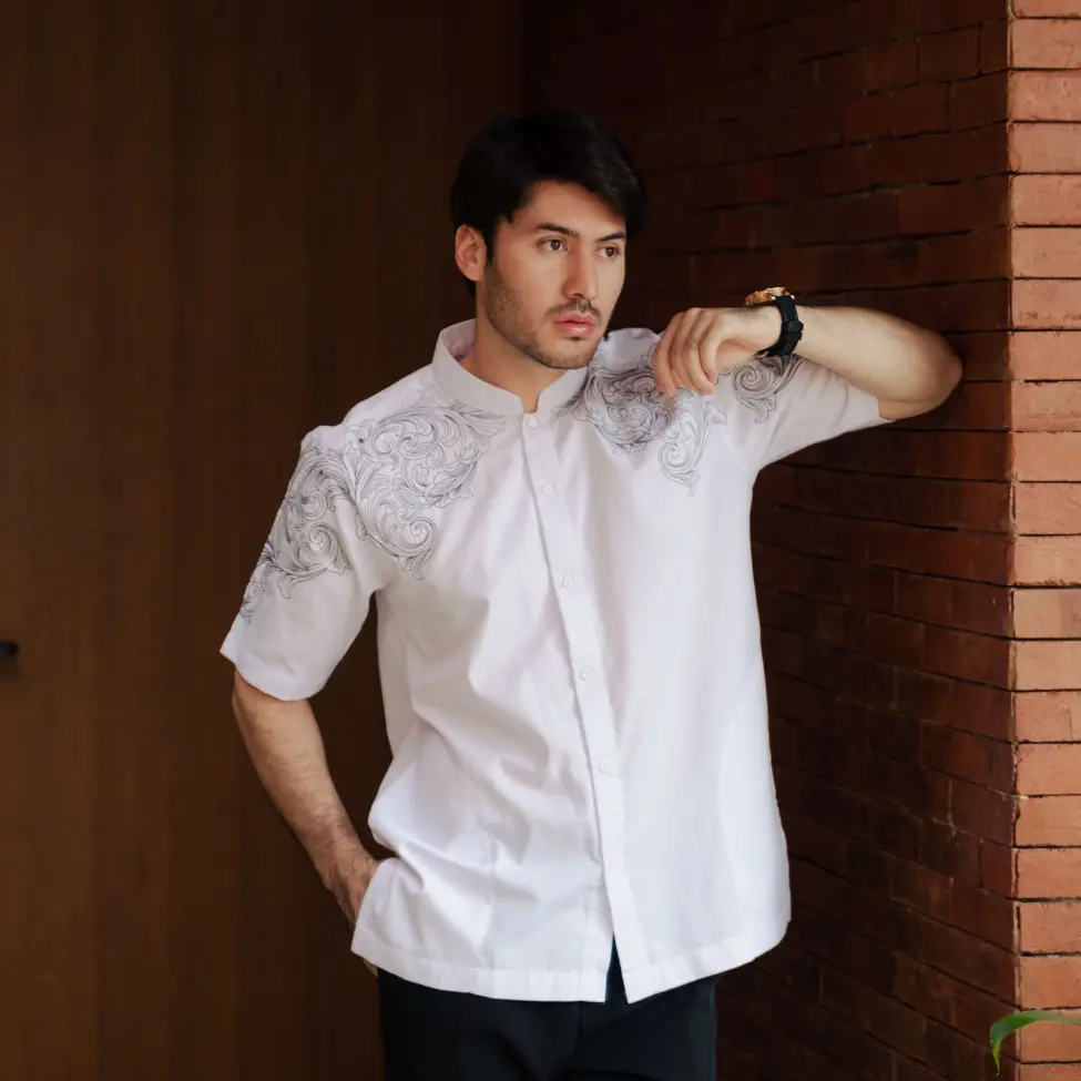 Bastoh Baju Koko Bordir Nazeef Lengan Pendek Putih